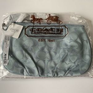 NWT Coach Light Blue Slate Signature Jacquard Canvas Leather Large Wristlet Bag